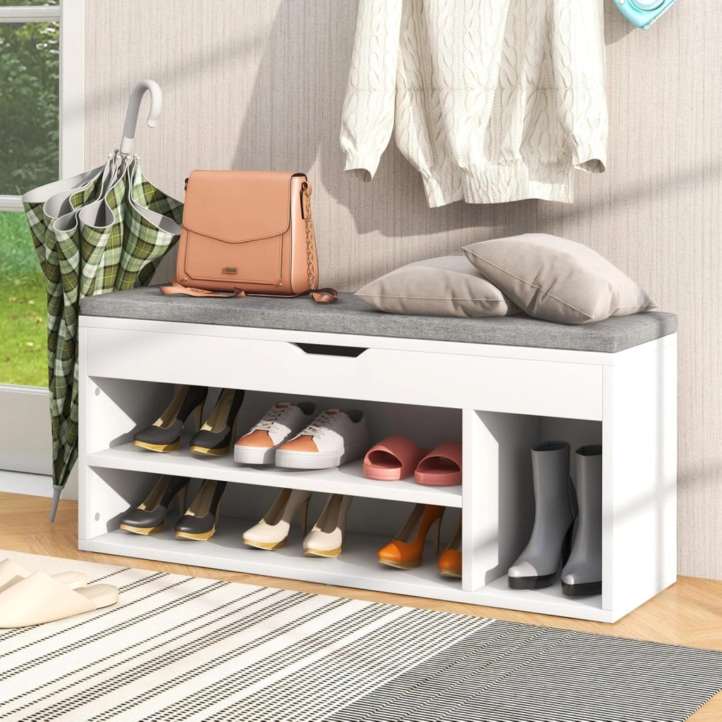 Panca per scarpe con cuscino, cassapanca con vano portaoggetti, 3 scomparti, 2 livelli, scarpiera apribile con coperchio ribaltabile, per corridoio, soggiorno, camera da letto, 104 x 30 x 48