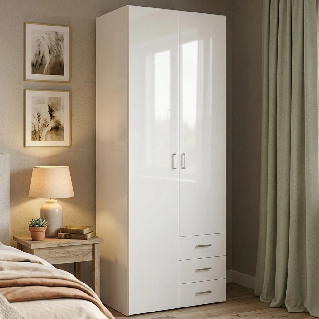 Guardaroba 2 ante Apollina, Mobile camera da letto, Cabina armadio portabiti, Armadio appendiabiti, 78x50 h200 cm, Bianco lucido
