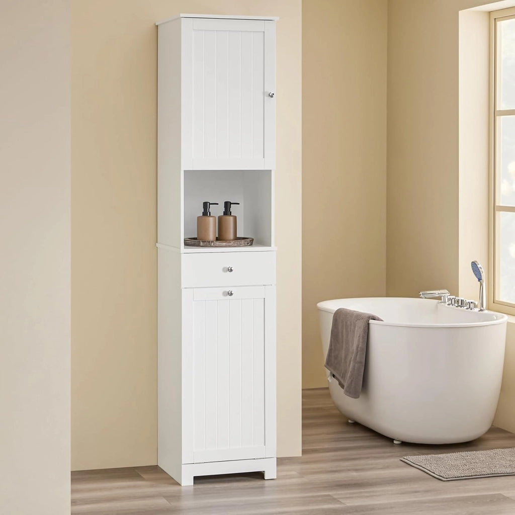 Mobile Bagno Salvaspazio Alto con Cesto Portabiancheria 45L – Colonna Bagno Stretto 40x38x180cm con Cassetto in MDF, Ripiano Aperto e Anta Mobiletto per Lavanderia o WC BZR216-W