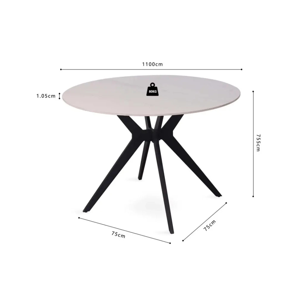 Tavolo da pranzo rotondo ARVENA – 110 cm – Piano in pietra sinterizzata – Colore bianco – Design metallo elegante