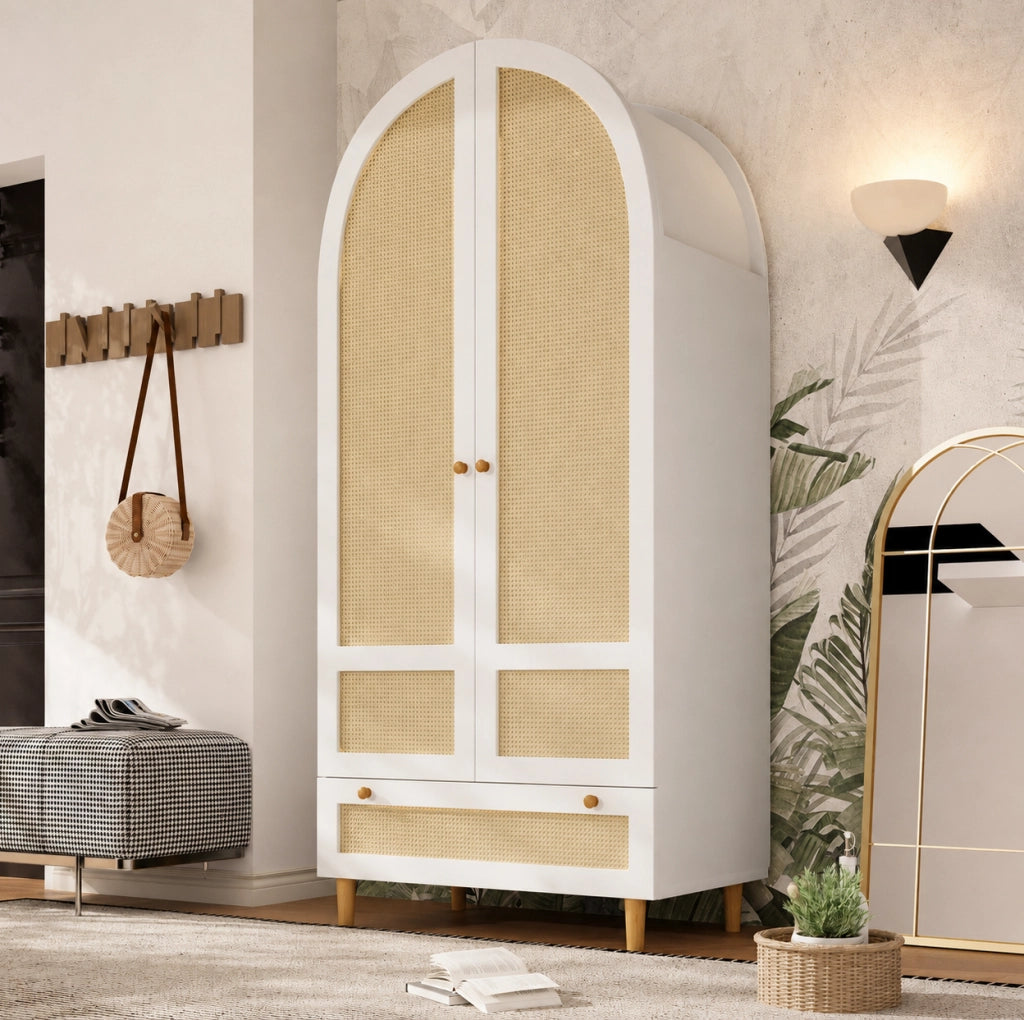 Armadio guardaroba 80 x 50 x 180 cm in MDF bianco con design ad arco; asta e cassetto