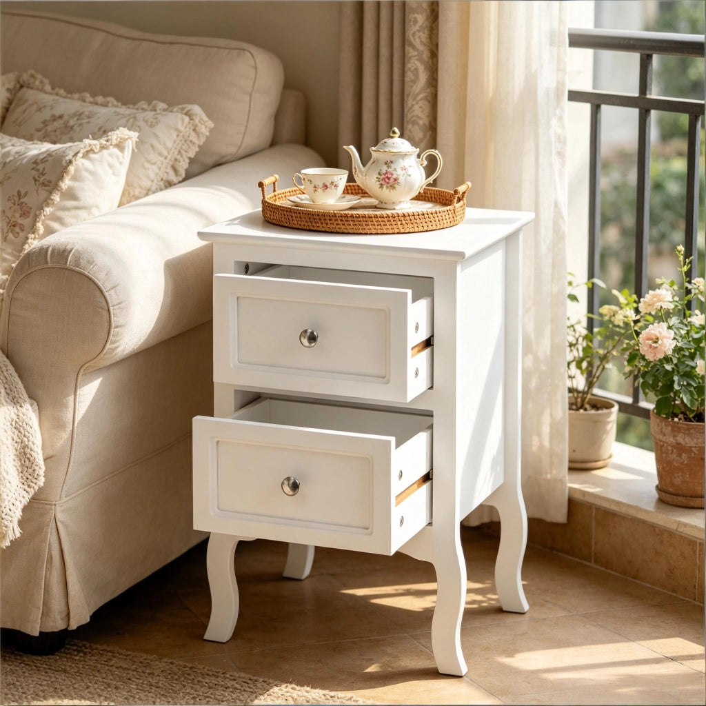 Comodino con 2 cassetti in MDF E1 laccato bianco con maniglie in metallo e gambe rialzate