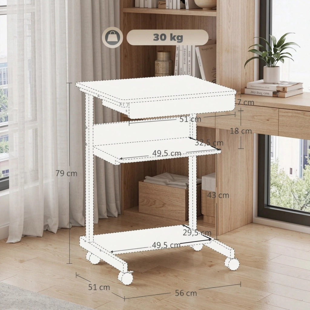 Scrivania per computer bianca con ruote, 56x51x79 cm, con cassetto, ripiano e supporto CPU per ufficio e home office