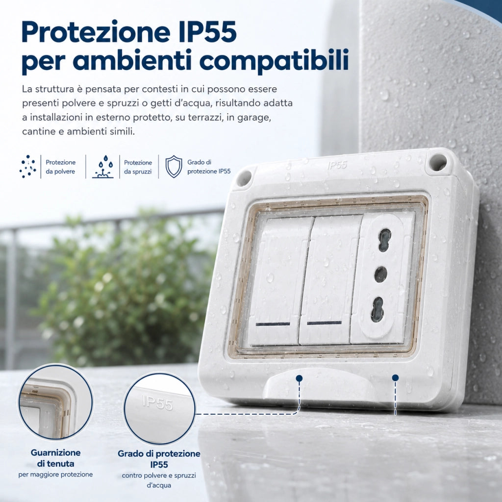 Cassetta Elettrica Esterno IP55 con Presa Italiana e 2 Interruttori
