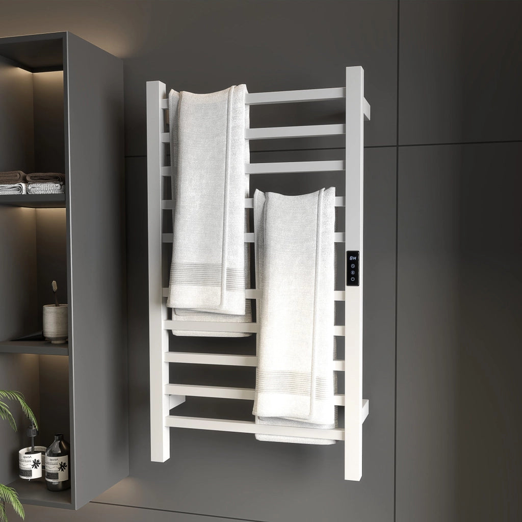 Scaldasalviette Elettrico Smart 45x11x80 cm a 10 Barre con Timer e Display LCD in Acciaio Inox Bianco