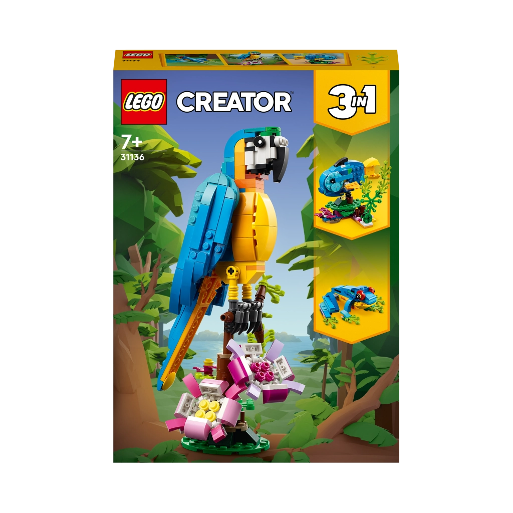 LEGO 31136 Creator Pappagallo Esotico, Set 3 in 1 con Pesce e Rana, Figure di Animali Giocattolo della Giungla, Giochi C