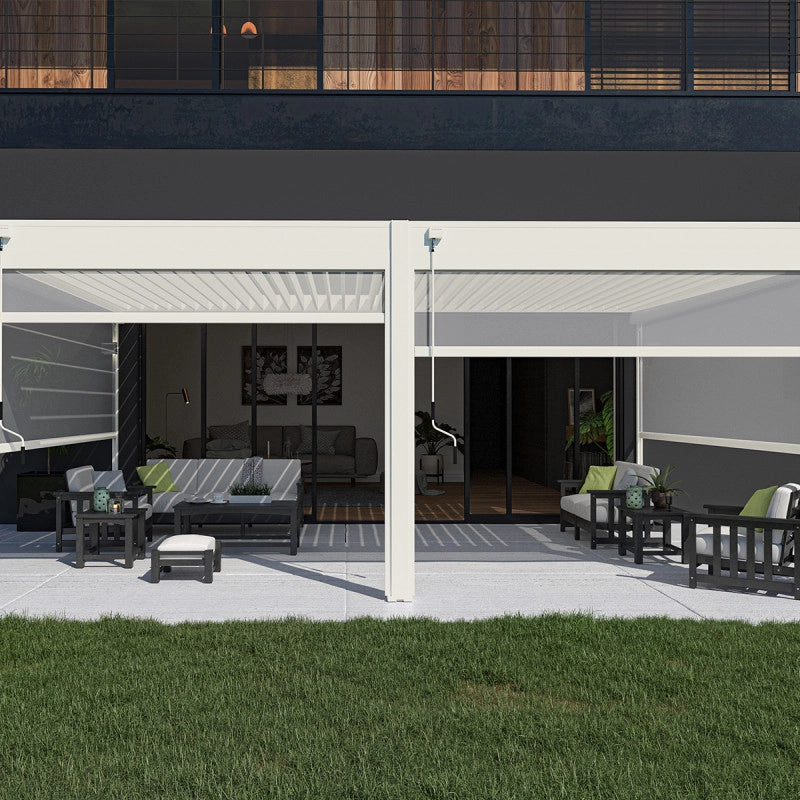 Pergola bioclimatica OmbrÃ©a adossata VS 4x6M Bianco + 2 tende