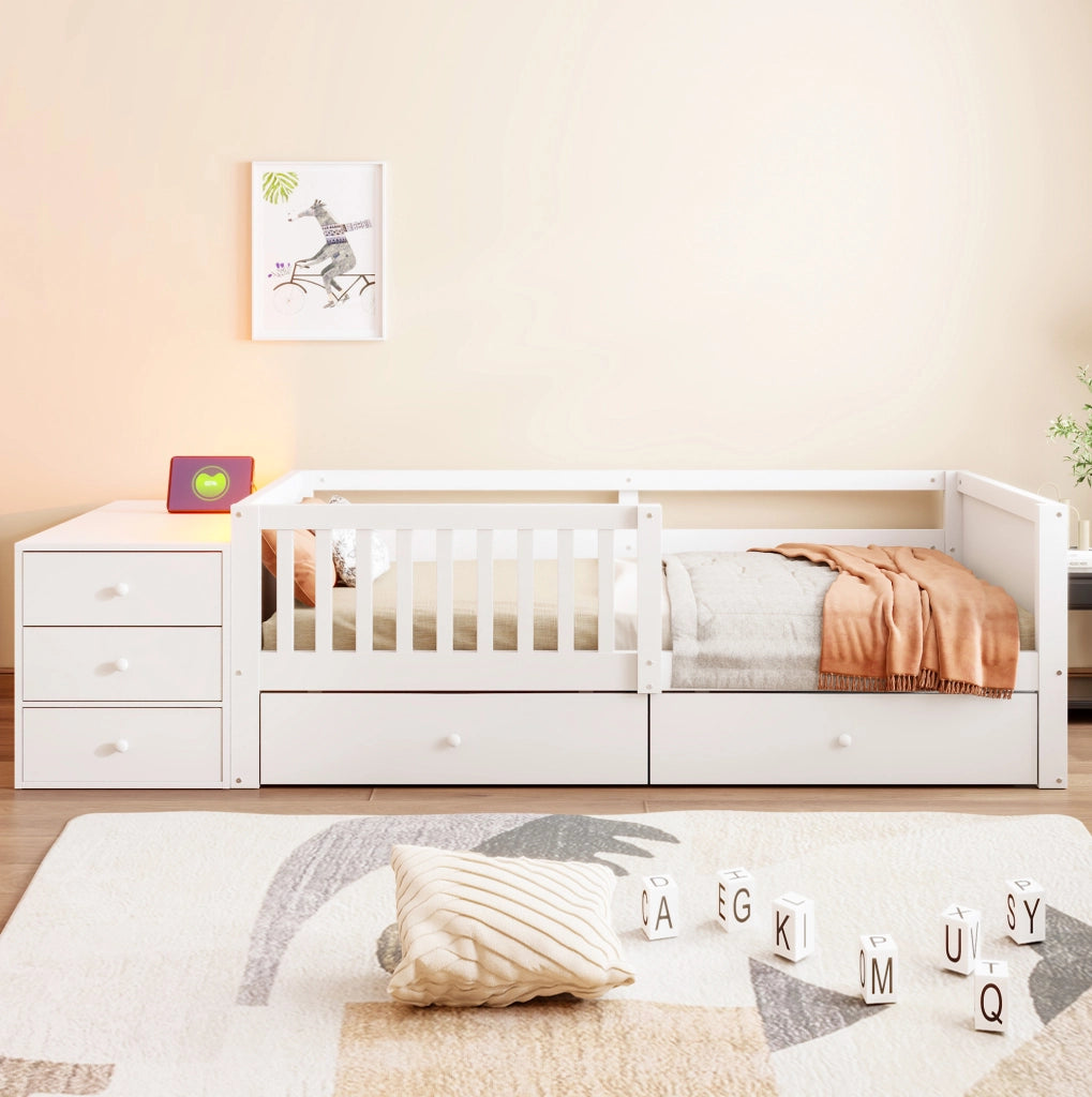 Letto a soppalco per bambini 90x200 cm con contenitore separato; LED e presa; bianco