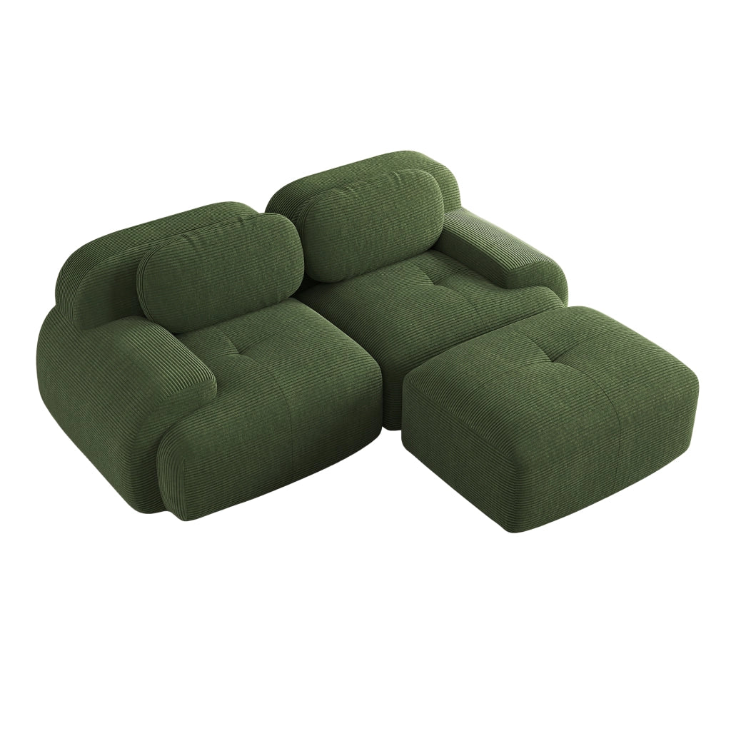 Divano angolare modulare senza telaio; schiuma 32D; braccioli curvi; tessuto corduroy verde