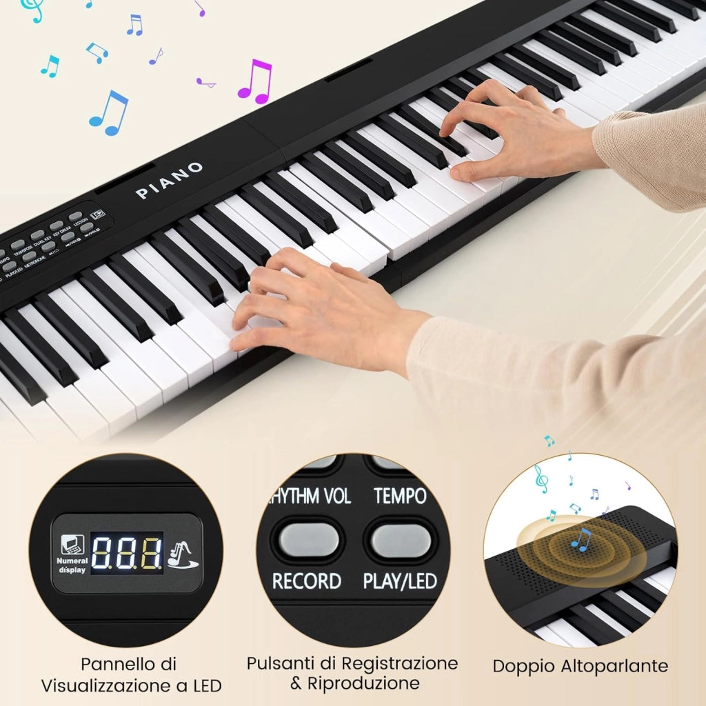 Pianoforte Digitale 88 Tasti, Tastiera Elettronica con 1000 Ritmi, 1000 Timbri, 150 Canzoni, Pianoforte Elettronica Pieghevole con Doppi Altoparlanti, MP3/USB/MIDI, per Principianti Bambini