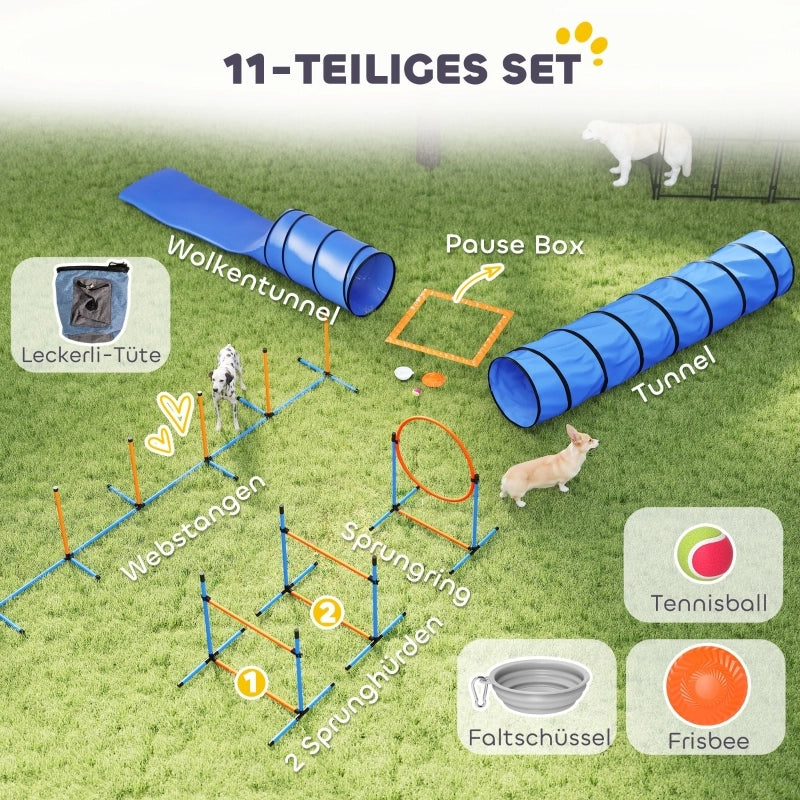 Set di agility per cani, 11 pezzi con 2 tunnel, anello per saltare e ostacoli regolabili in altezza, palo per slalom.