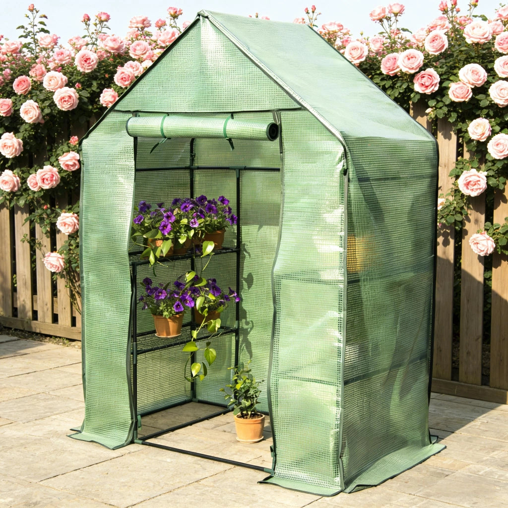 Serra a tunnel con porta a zip in PVC e tubi in acciaio verniciato per orto e coltivazione verde 143 × 215 × 195 cm