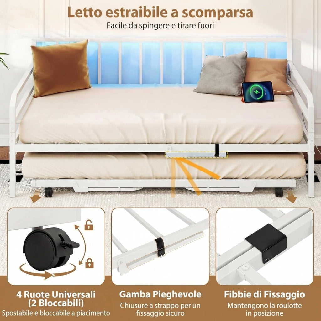 Letto Estraibile, Divano Letto Singolo con Luci LED e Stazione di Ricarica, Lettino Matrimoniale con Struttura in Metallo, 2 Pz 90x200 cm, per Soggiorno e Camera da Letto (Bianco)