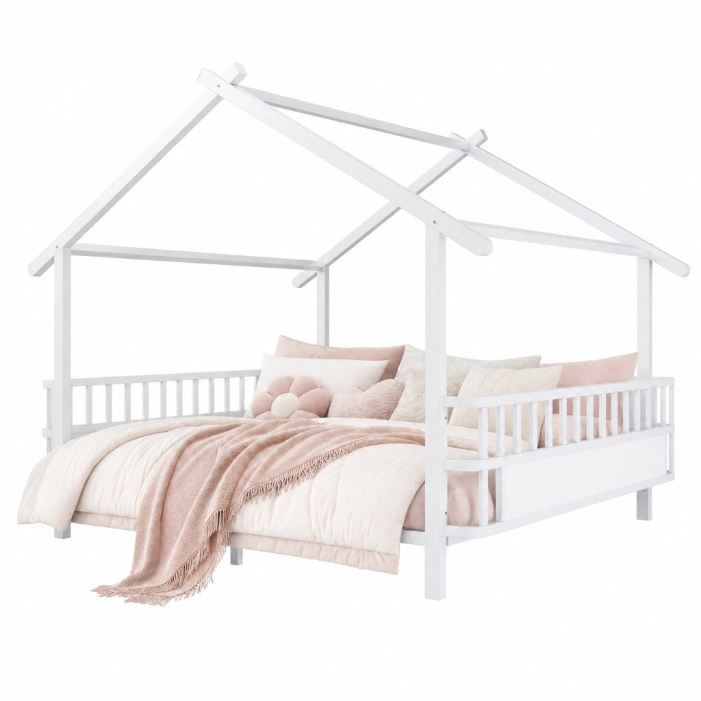 Letto per bambini in metallo a forma di casa 140 x 200 cm con sponde di sicurezza, design a tetto, colore bianco