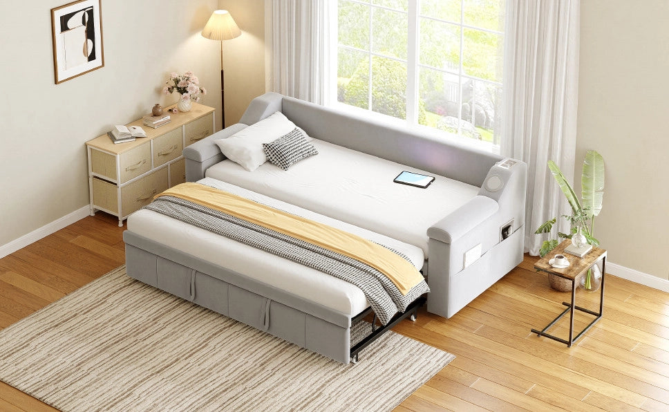 Divano letto 90x190 cm in velluto grigio chiaro con Bluetooth e USB， senza materasso