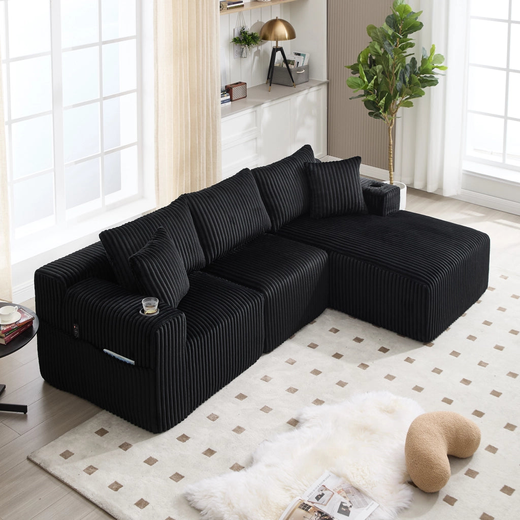 DIVANO modulare con chaise longue e 2 posti 257x90-160x62 cm nero