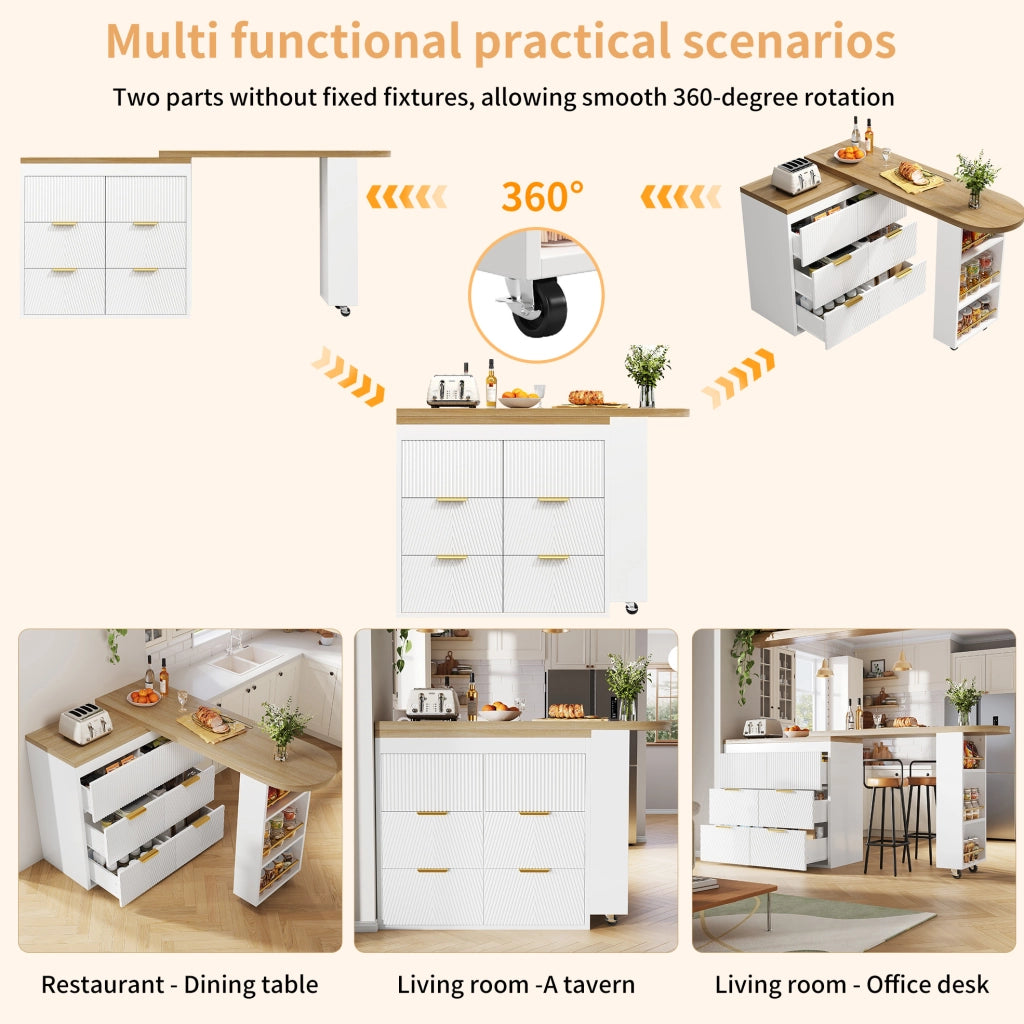 Bartisch mit 6 Schubladen und Kippsicherung, drehbar 360°, MDF Sideboard für Küche, Wohnzimmer oder Homeoffice