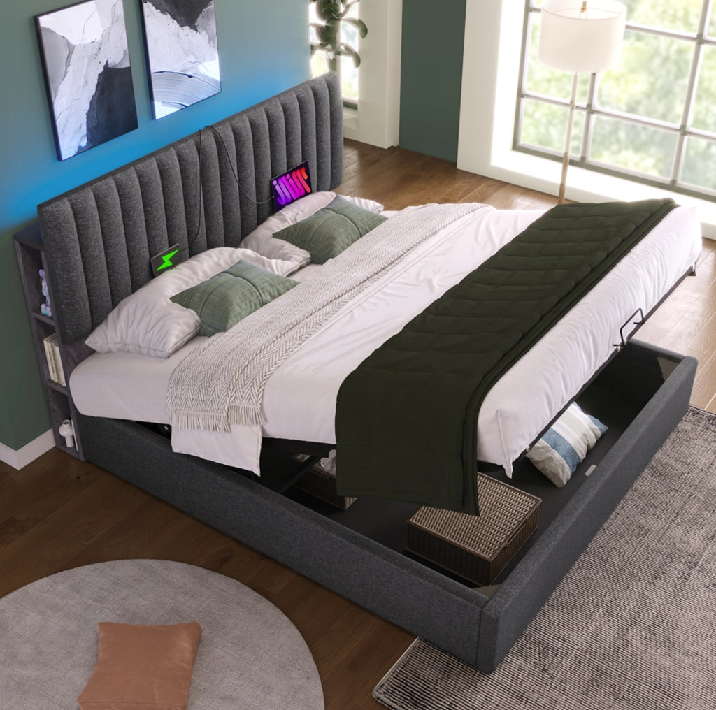 Letto matrimoniale con LED, USB e contenitore integrato