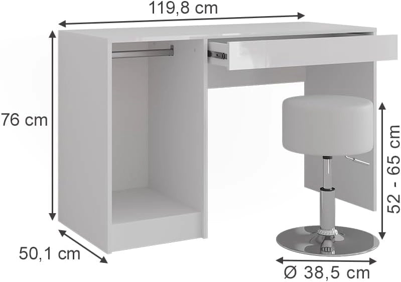Tavolo da toeletta Sherry, Bianco/bianco lucido, 119.8 cm con sgabello