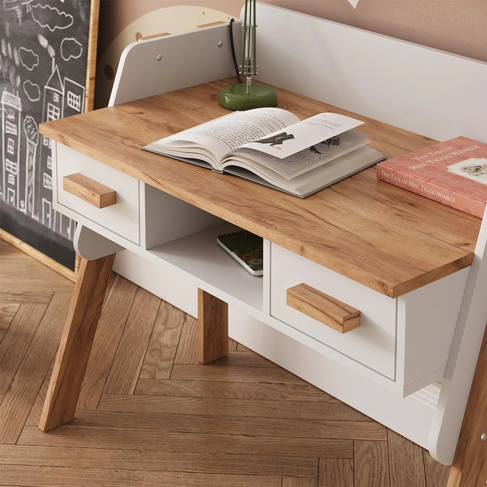 Scrivania Malia, Bianco/Artisan, 97 x 51 cm con 2 cassetti, regolabile in altezza per una configurazione flessibile della postazione di lavoro