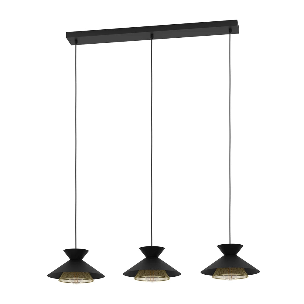 Lampadario A Sospensione Vintage Grizedale Acciaio Nero Ottone 3 Luci E27
