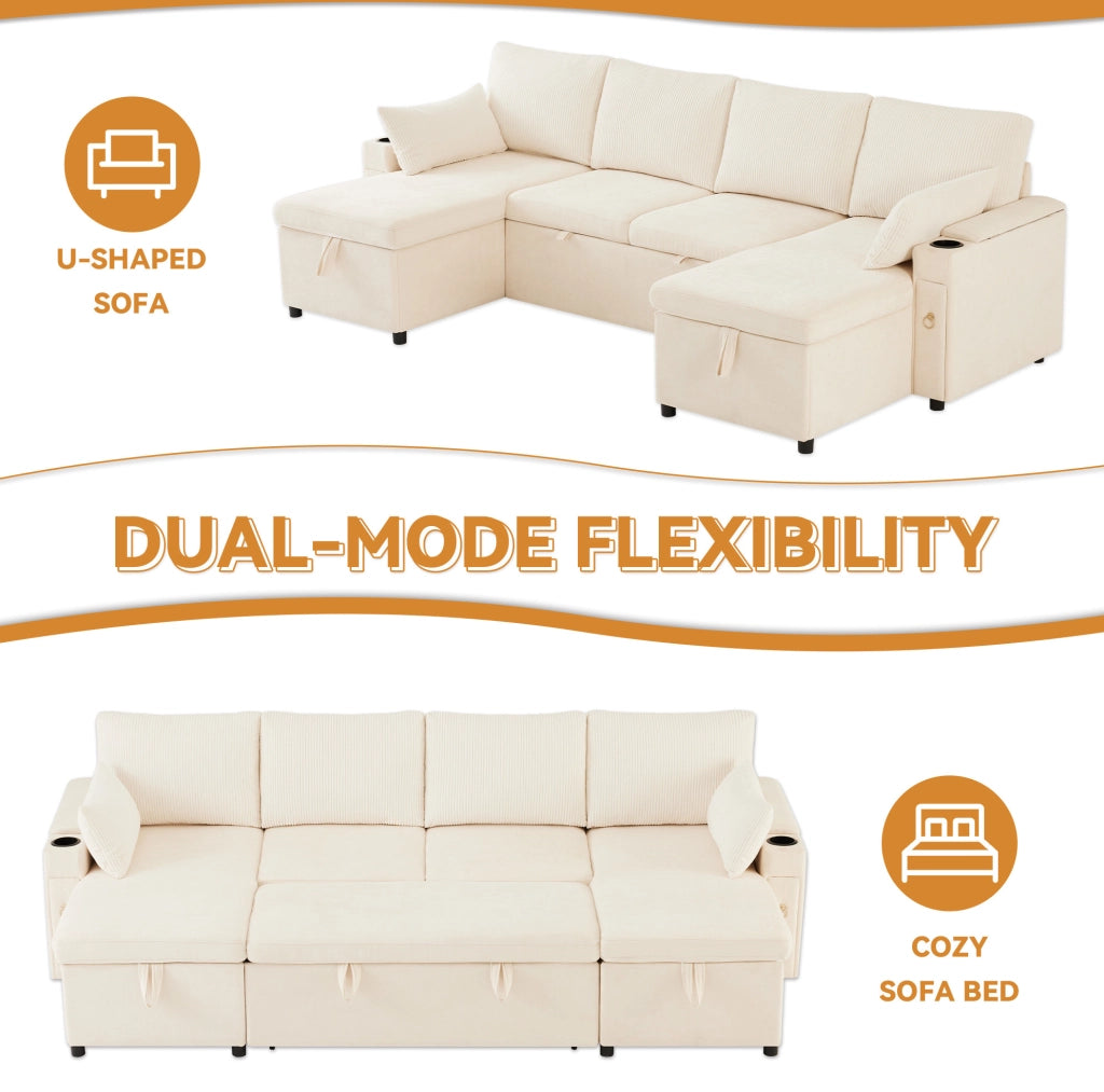 Divano letto modulare a U 4 posti con portabicchieri, contenitore e cuscini, beige, 272x131x84 cm