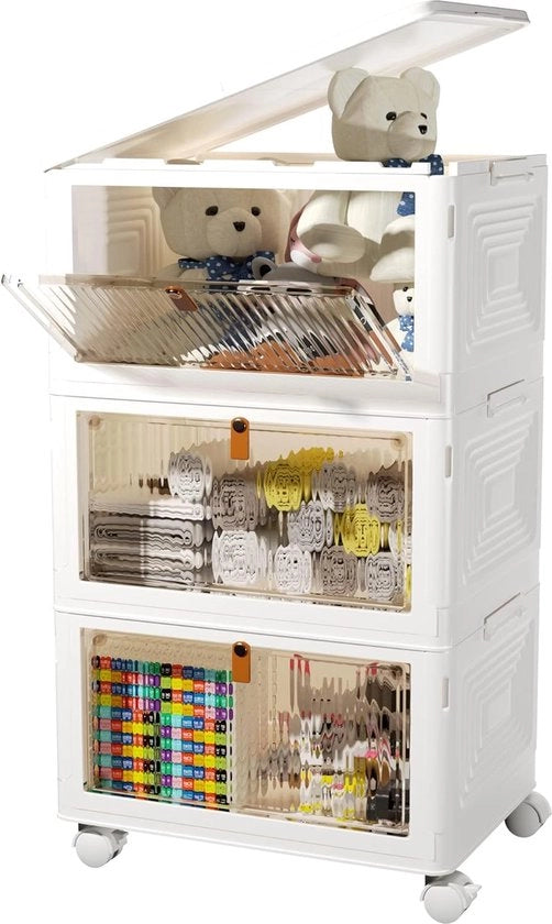 Set di 3 contenitori pieghevoli con porte, contenitori di plastica da stivare e ruote, contenitori da 63L da stivare, contenitori da stivare, organizzatore per stanza da letto, bagno, cucina, ufficio, soggiorno