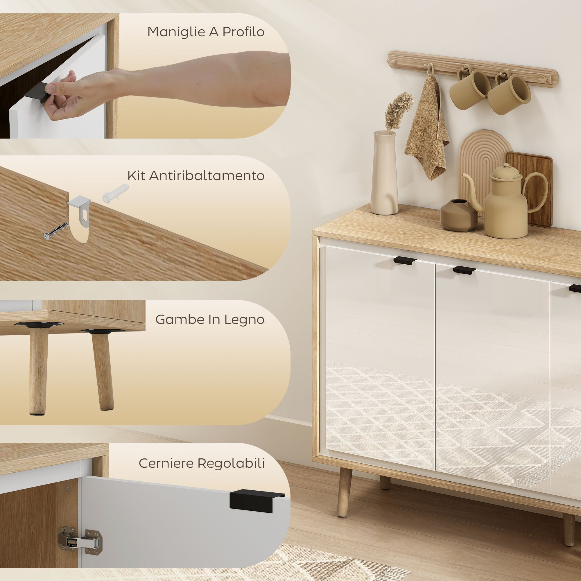 Credenza Moderna 107x35x77 cm a 3 Ante con Ripiano Regolabile Bianco Lucido e Rovere