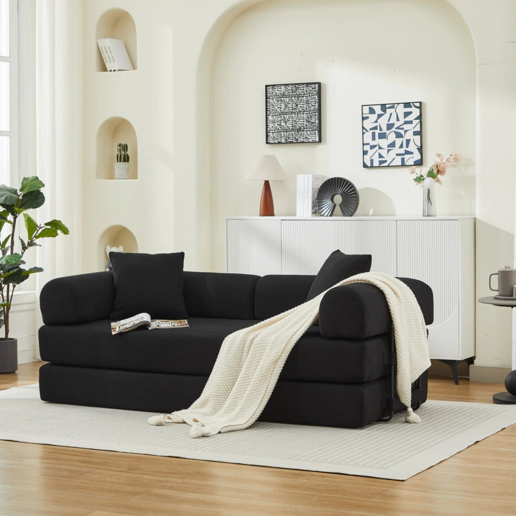 Divano letto trasformabile a 3 posti in velluto a coste nero 200x95x75 cm