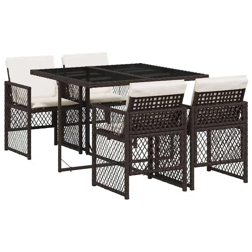 Set da Pranzo da Giardino 5pz con Cuscini in Polyrattan Marrone