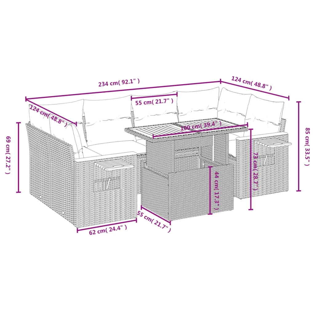 Set Divani da Giardino 7 pz con Cuscini Grigio in Polyrattan
