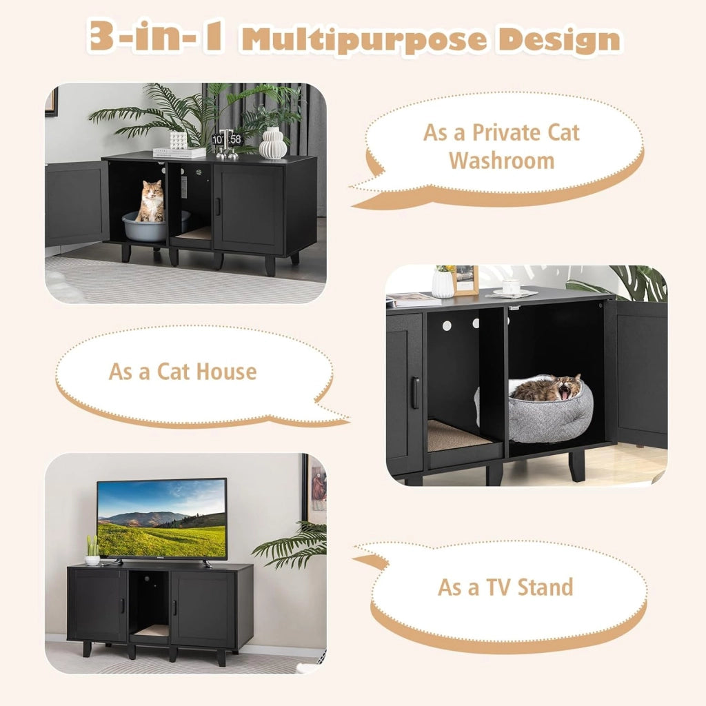 Mobile Lettiera per Gatti con 2 Ante, Armadio per Gatto in Legno con Ingresso Centrale e Tiragraffi, Grotta Rifugio Multiuso per Soggiorno e Camera da Letto, 120 x 52 x 65 cm (Nero)