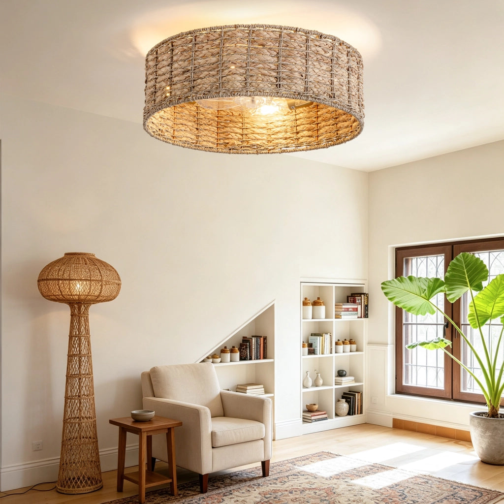 Ventilatore da soffitto con luce e telecomando; 53 cm; rattan naturale e finitura rame
