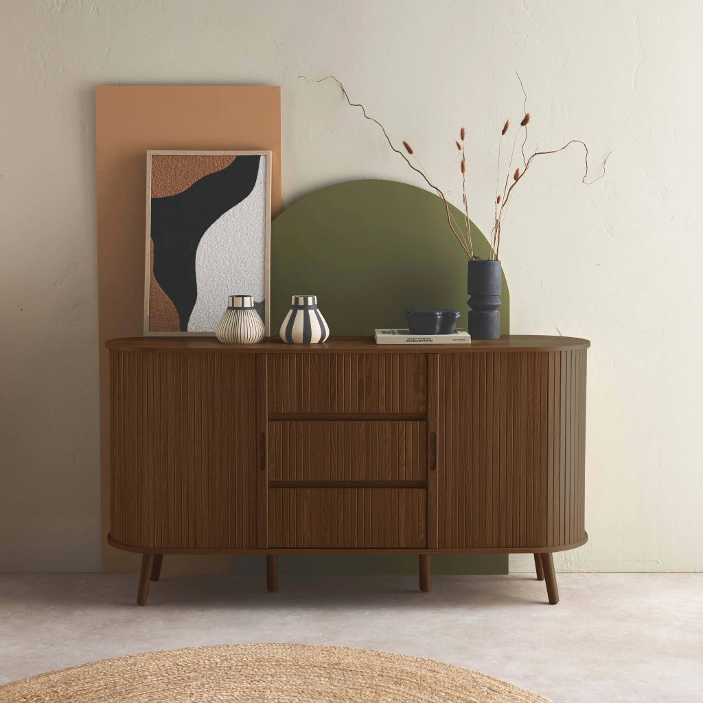 Credenza scandinava effetto legno scanalato 2 ante scorrevoli, 150cm,