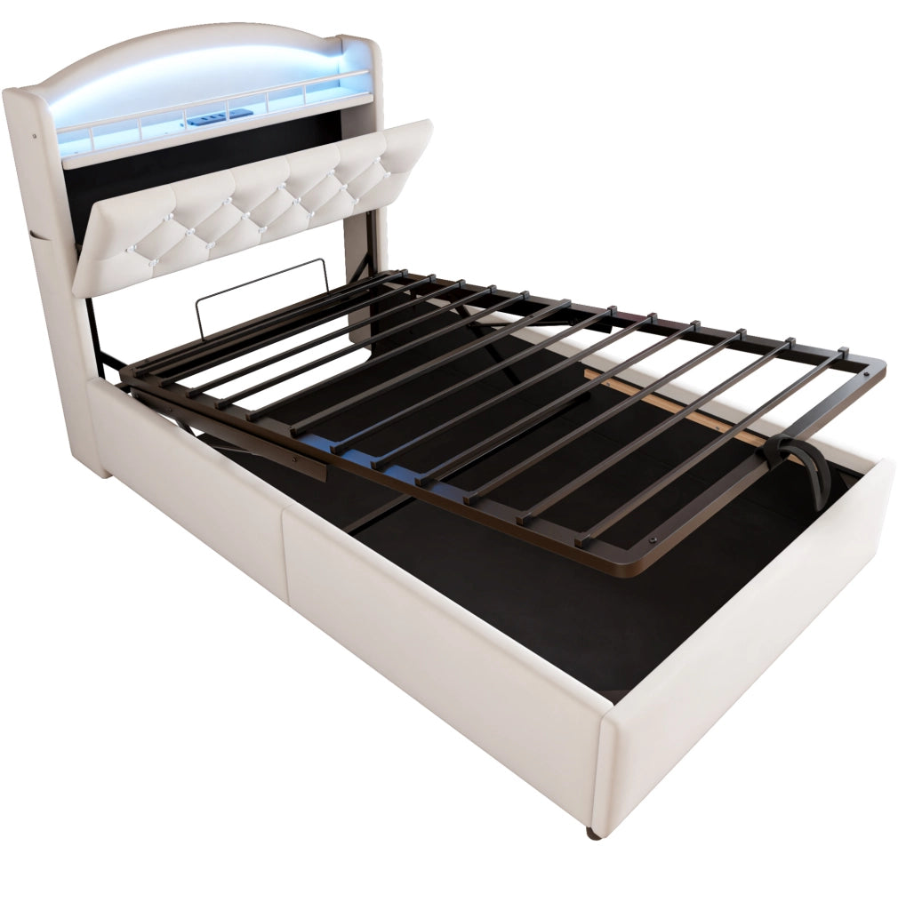 Letto imbottito 90x200 cm con contenitore; LED e USB in tessuto beige
