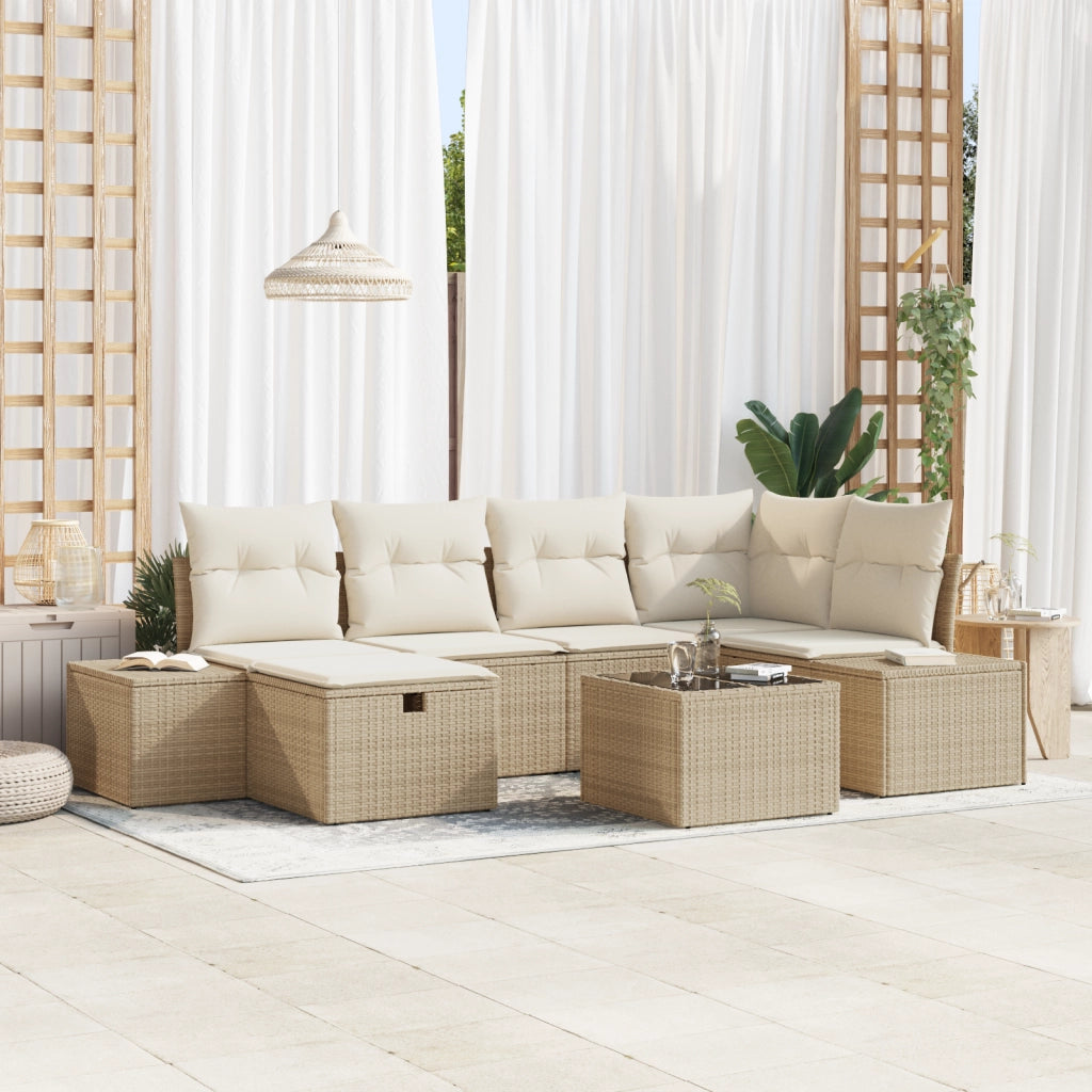 Set di divano da giardino a 7 pezzi con cuscini Beige Polirattan