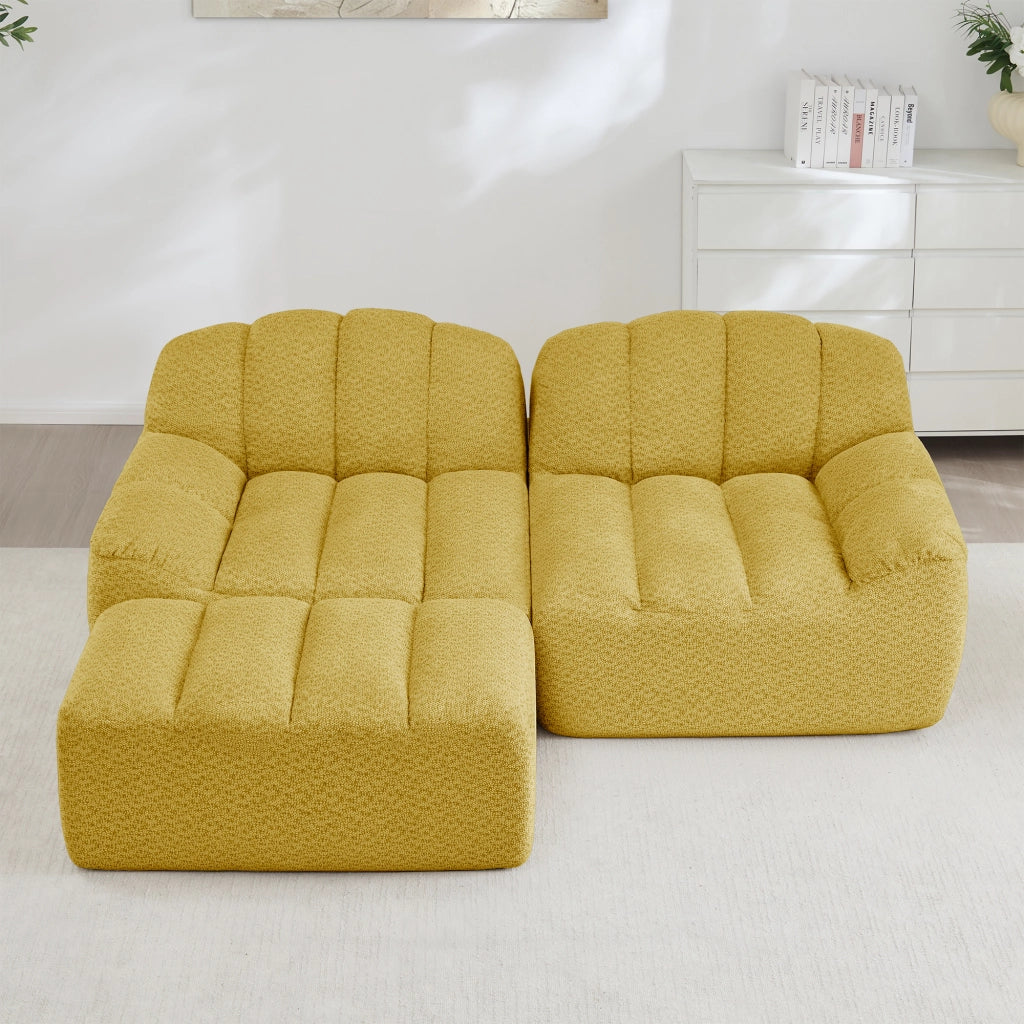 Divano angolare modulare senza struttura con seduta ampia e pouf per soggiorno in pile granulato giallo 210 × 165 × 79 cm
