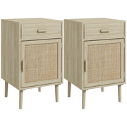 Set 2 Comodini per Camera da Letto con Cassetto e Anta in Rattan Stile Boho, Colore Legno