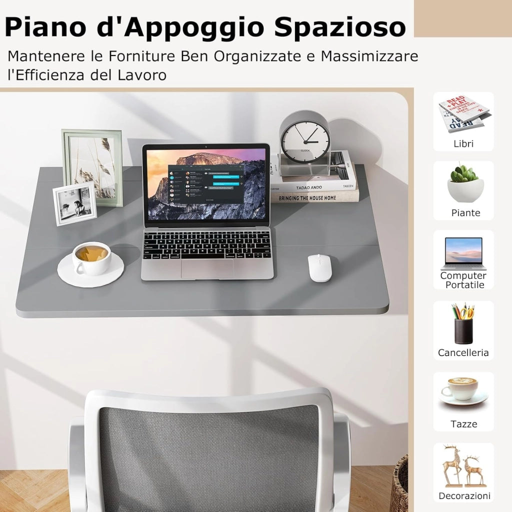 Tavolo Pieghevole a Muro, Tavolino Porta PC da Parete in Legno, Tavolo a Scomparsa Multifunzionale, Ideale per Soggiorno, Cucina e Studio, 80 x 60 x 45 cm (Grigio)