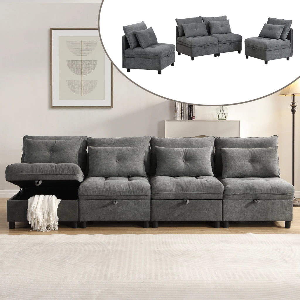DIVANO modulare 4 posti in chenille grigio antico con contenitore