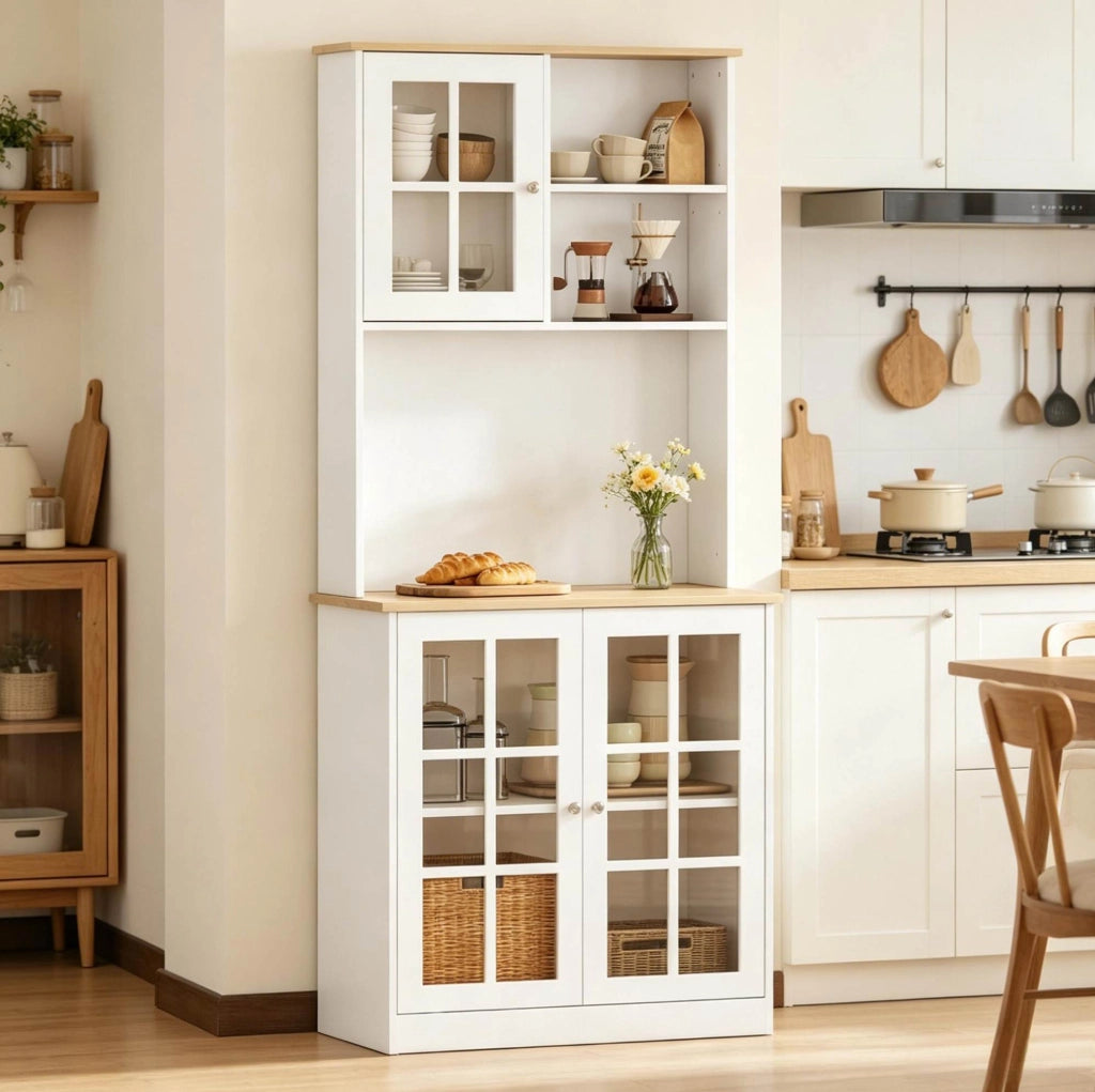 Credenza alta  80x37x183 cm bianco e rovere chiaro – vetrina, 1 collo