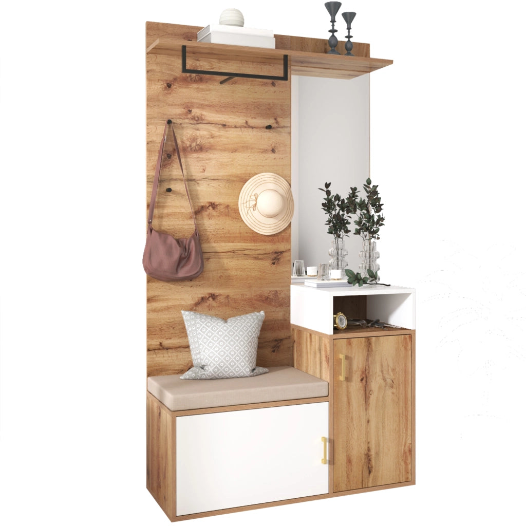 OKWISH Mobile da ingresso con specchio, panca, 2 vani portascarpe e 4 ganci, MDF, bianco e legno, 105x40x190,5 cm