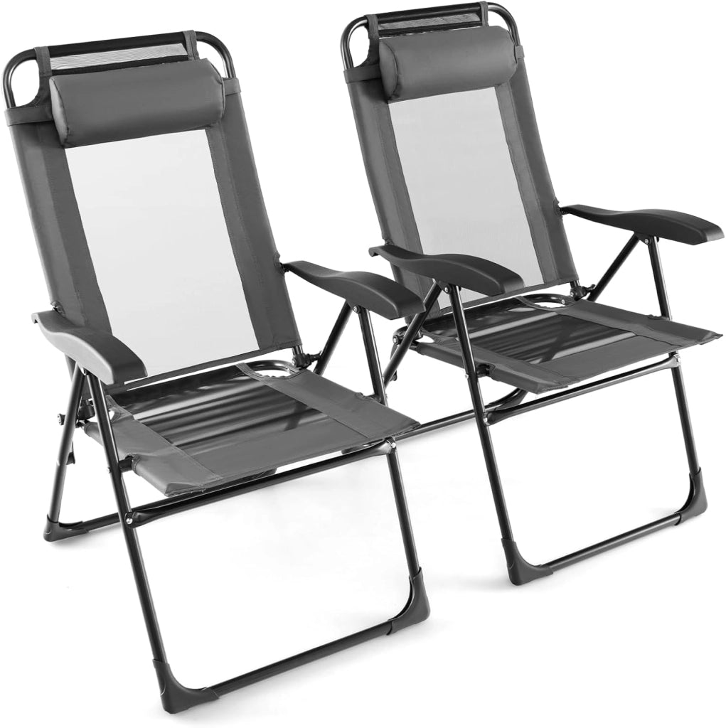 Set 2 Pezzi Sedie da Giardino Pieghevole, Sedie da Esterno con Schienale Alto Regolabile in 7 Posizioni, con Poggiatesta Rimovibile, Sedia a Sdraio Reclinabile per Terrazzo (grigio)