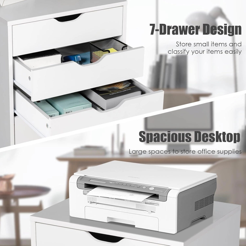 Cassettiera Ufficio con 7 Cassetti, Cassettiera Scrivania con 4 Ruote Bloccabili, Schedario Portadocumenti in Legno, per Stampante per Studio, Camera da Letto, 49 x 40 x 87 cm (Bianco)