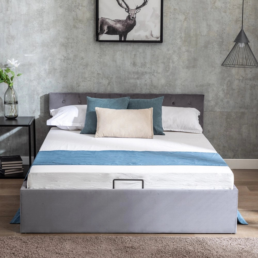 Letto Contenitore Imbottito Matrimoniale ¨C MINIMAL ¨C Grigio, Testiera con Bottoni, Rete a Doghe, Idraulico, 140x200