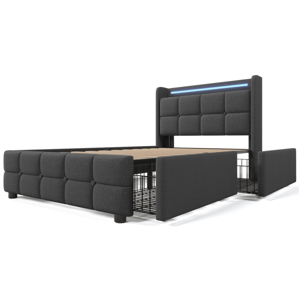 Letto singolo 90x200 cm con testiera USB; luci LED e 2 cassetti; grigio