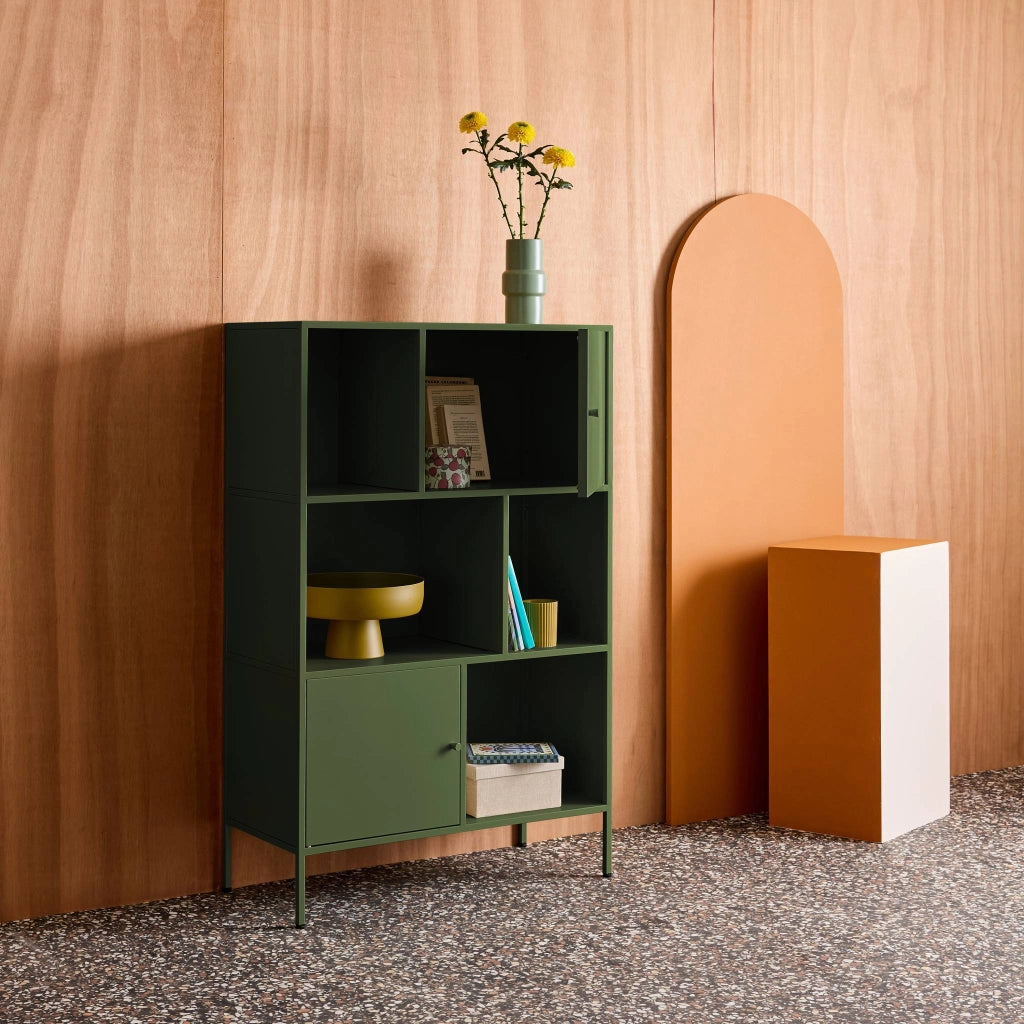 Credenza industriale in metallo con 6 scomparti, verde
