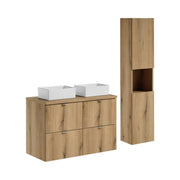 Set VANO effetto quercia 130cm: mobili sottolavabo con cassetti + piano per lavabo + lavabi rettangolari da appoggio + colonna