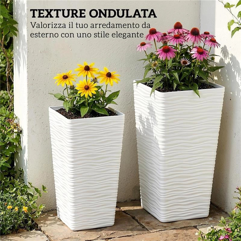 SET 3 VASI DA ESTERNO IMPILABILI CON MOTIVO ONDULATO IN PLASTICA, 42/55/65 CM, BIANCO