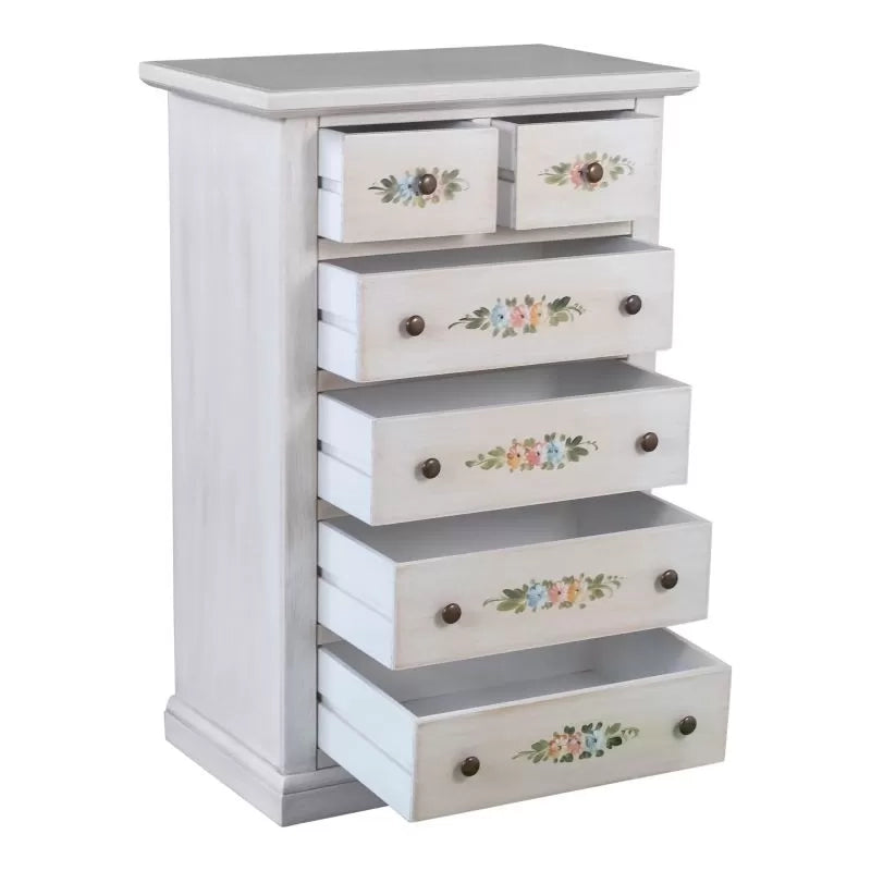 Cassettiera 6 cassetti in legno shabby bianco anticato decorato 62x37x93 - Mobili 2G